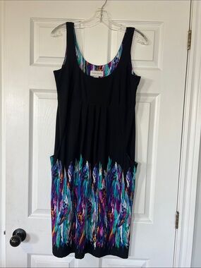 Ronni Nicole Black Midi Dress with Multicolor Feather Print
